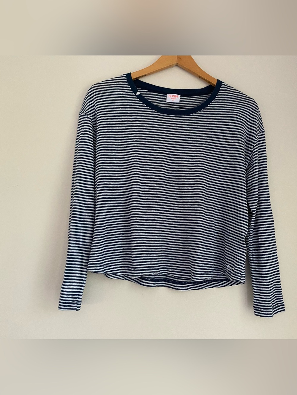 SUN 68 women’s striped long sleeve navy white linen natural fiber medium